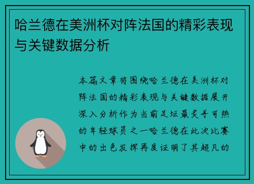 哈兰德在美洲杯对阵法国的精彩表现与关键数据分析